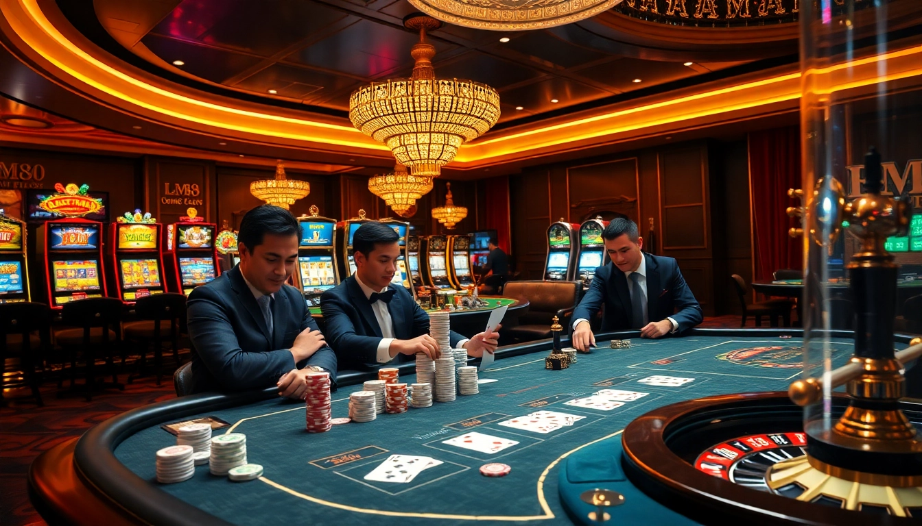 Players engaging in a thrilling poker game while exploring mm88 report-related stats in a luxurious casino atmosphere.