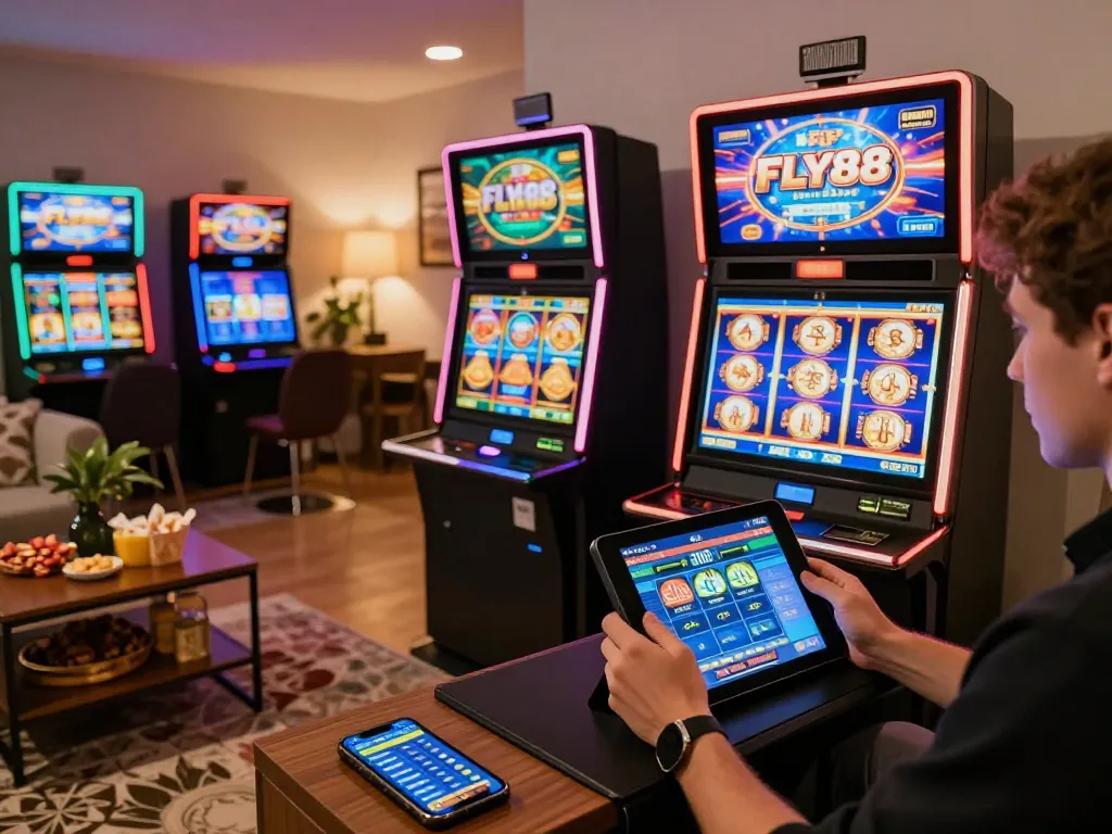 Engaging gameplay experience on FLY88 with vibrant slot machine visuals in a cozy home setup.