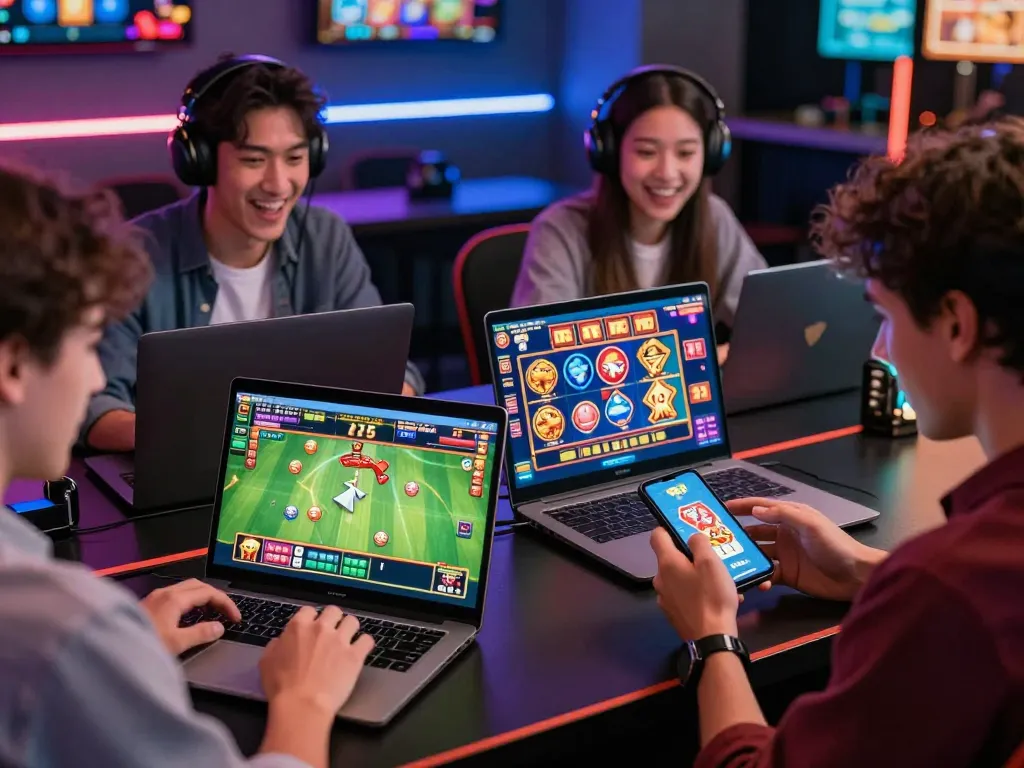 Engaged group playing on Goal 123 online gaming platform with laptops and mobile devices.