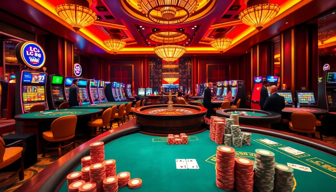 Experience the thrill of LC 88 with vibrant casino tables, roulette wheels, and excited players.