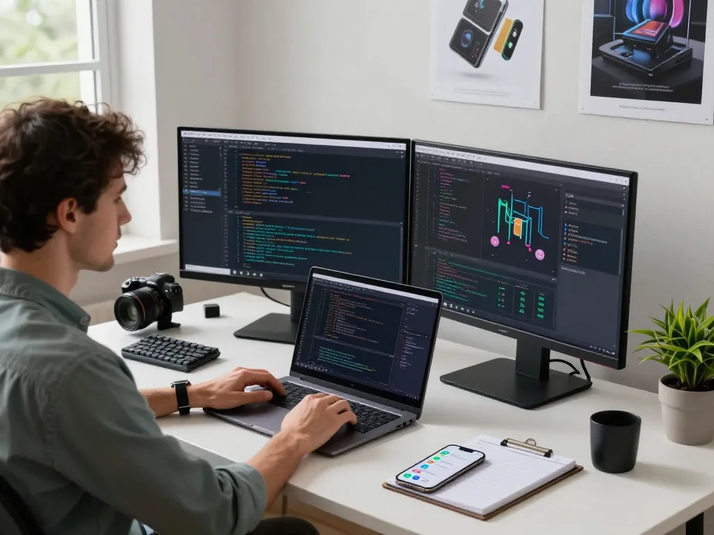 Software developer utilizing moltbot in a modern workspace with dual screens and coding tools.
