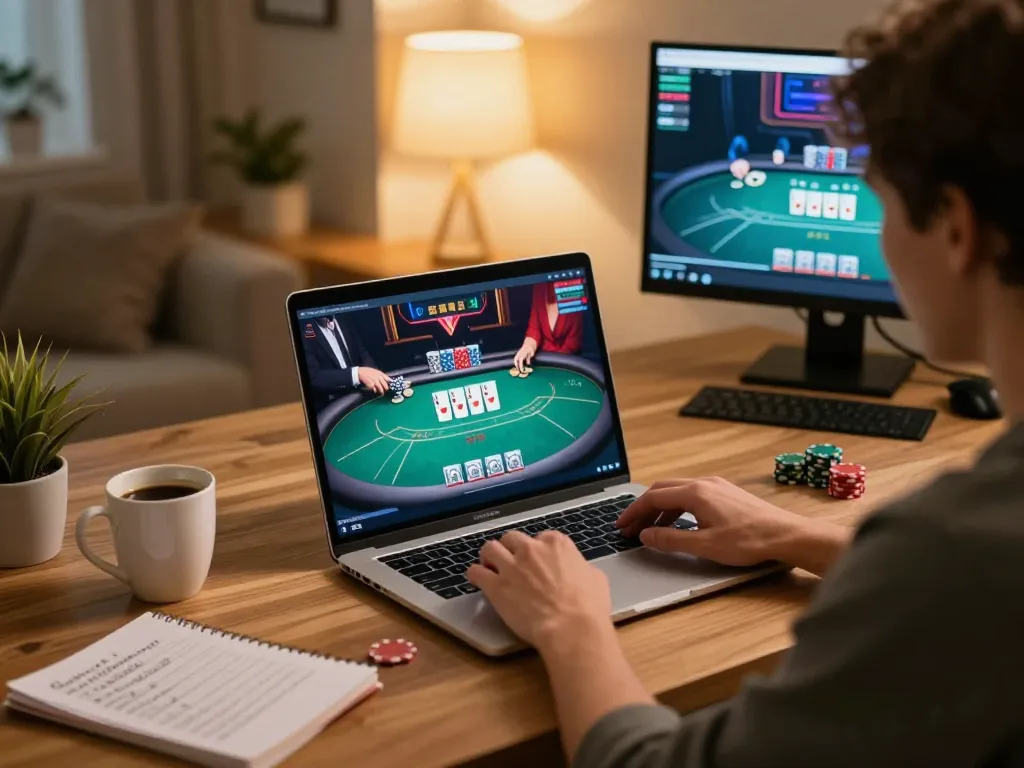 Engaging poker gameplay on a laptop at home, showcasing uu88 online gambling features.