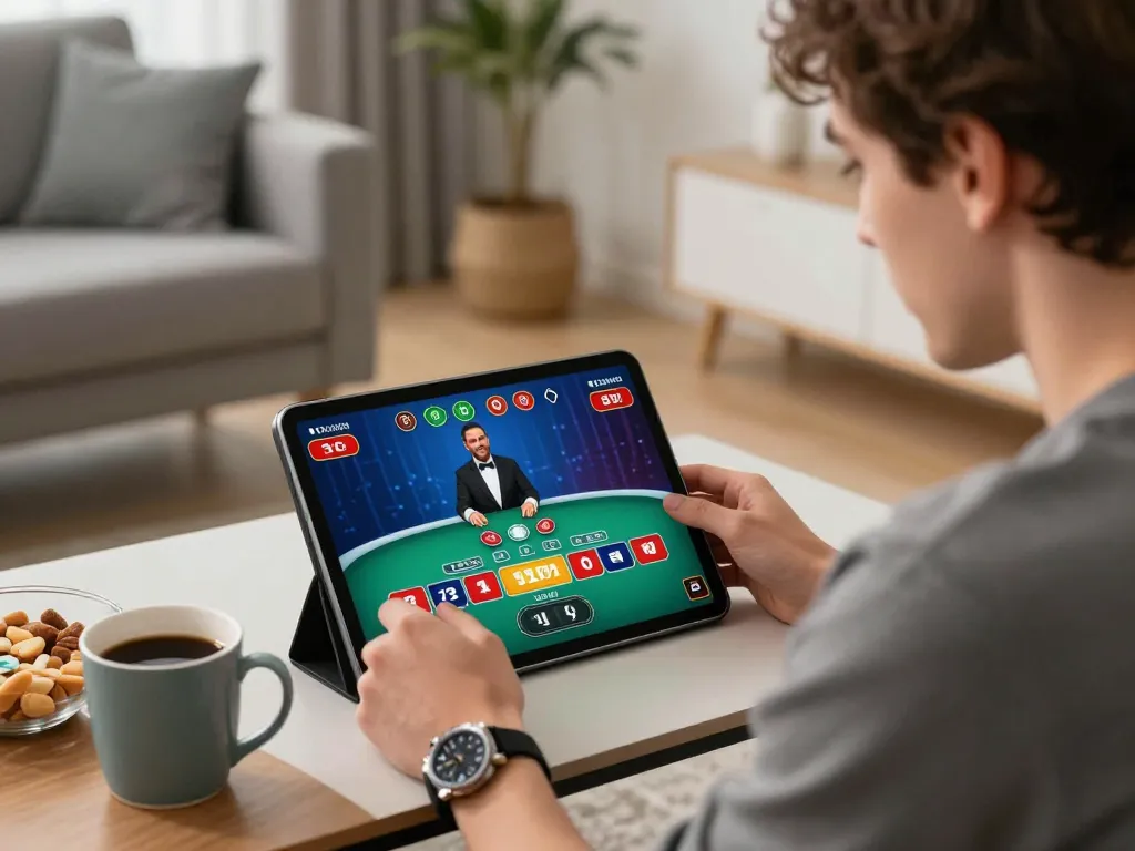Kubet88 online baccarat player engaged at home tablet, showcasing strategic gameplay.
