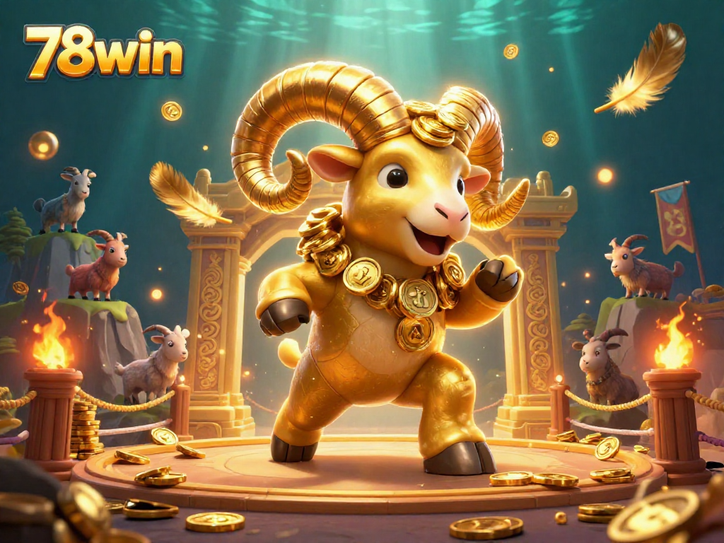 Experience the thrill of 78win with an exhilarating scene of a golden ram charging through a dynamic casino arena.