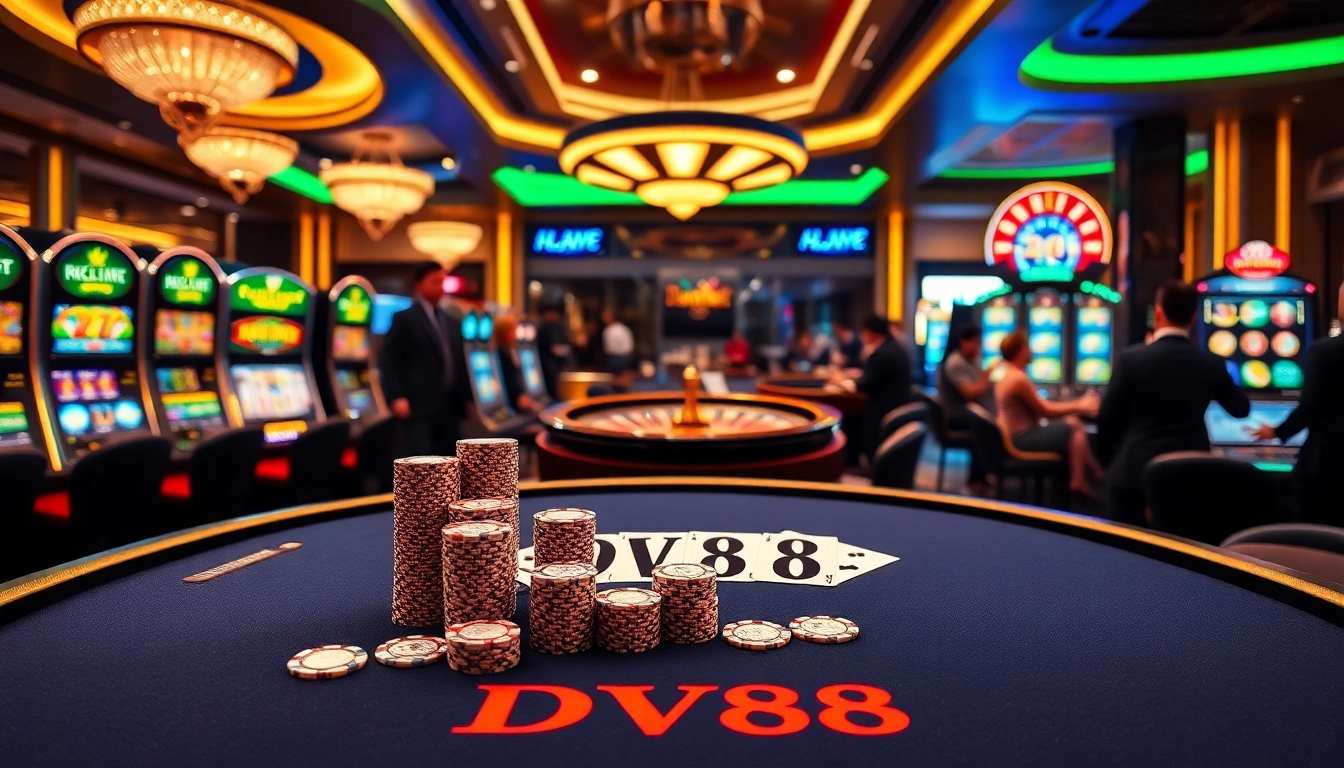 Engaged players enjoying DV88 at a vibrant casino table with poker chips and slots.