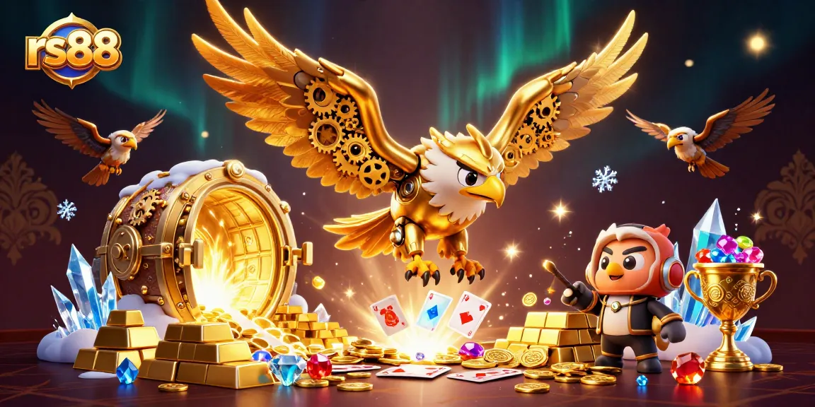 Experience thrilling gaming with rs88 as a cybernetic eagle navigates a treasure-filled casino scene.