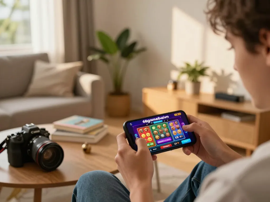 Engaging with the 68gamebaivn app on a smartphone in a cozy home setting