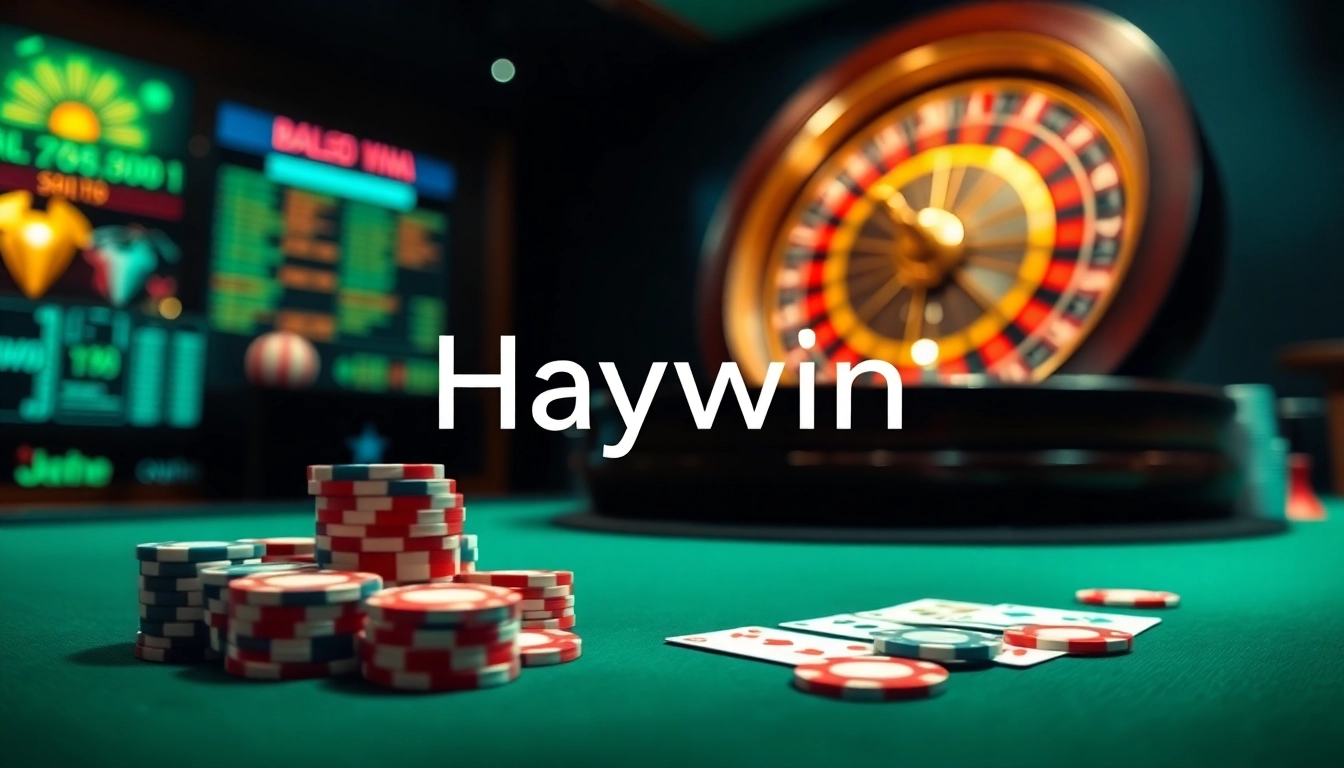 Haywin casino scene showcasing poker chips, cards, and roulette wheel in an exciting online gaming environment.