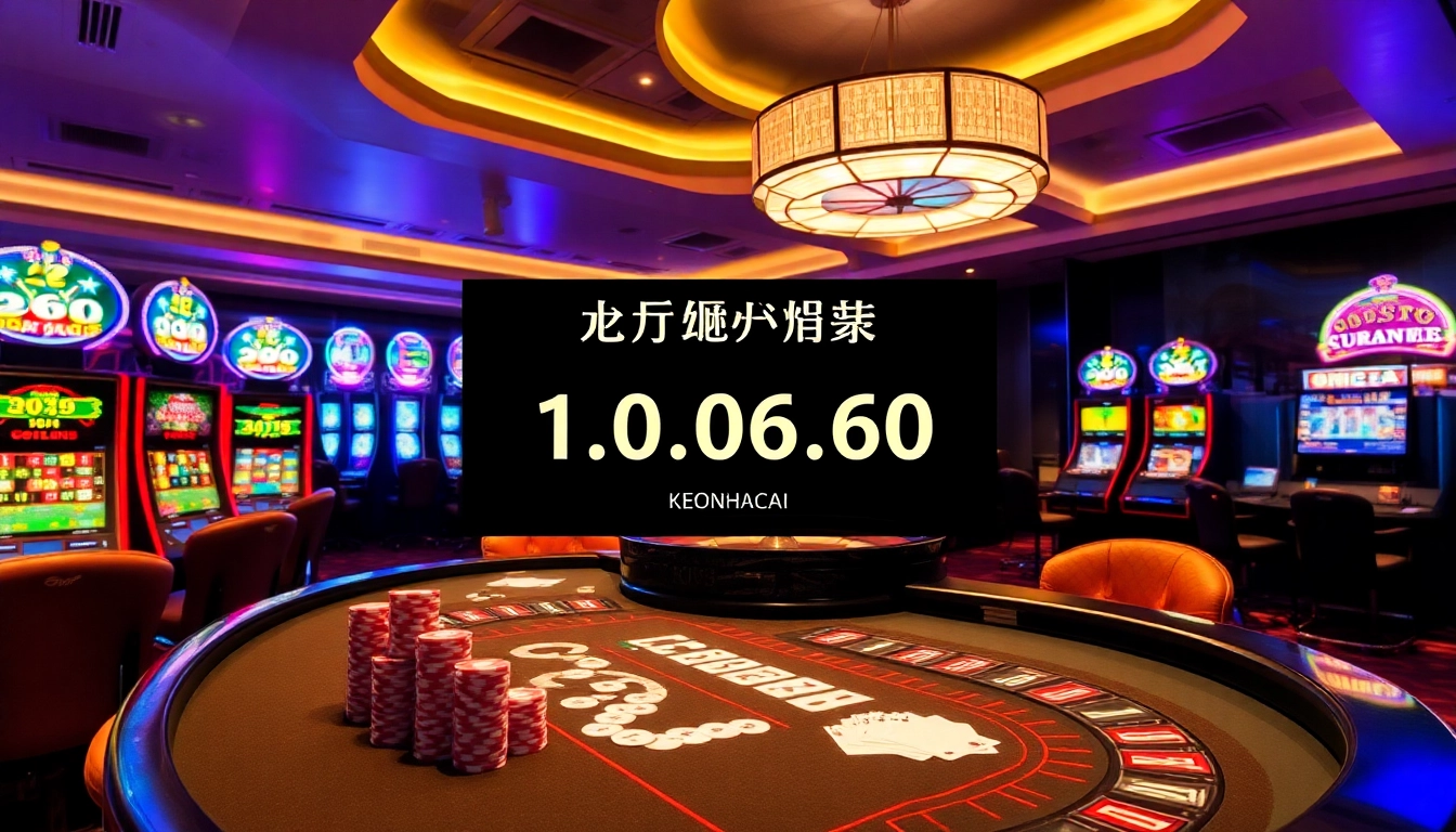 A vibrant casino scene showcasing keonhacai betting with cards, chips, and roulette.