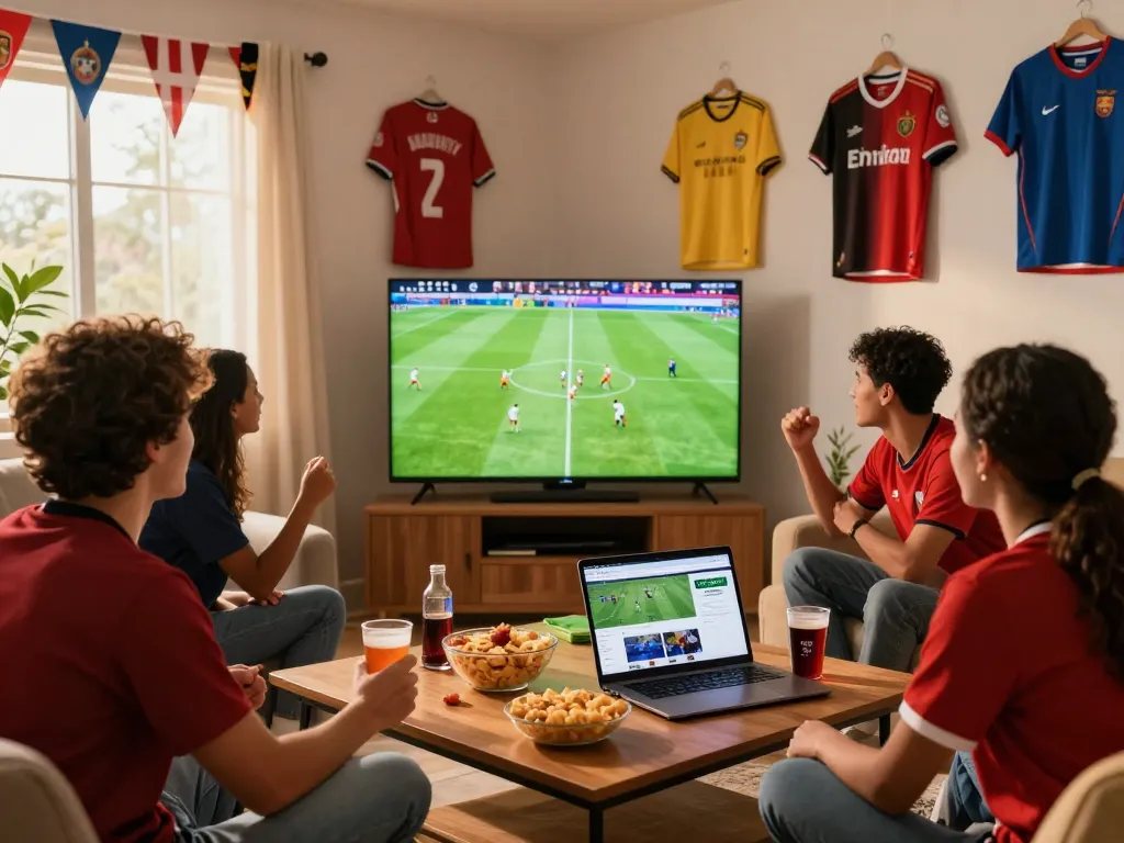 Friends enjoying football matches on https://cakhiatvz.live/, featuring a lively room with snacks, decor, and excitement.
