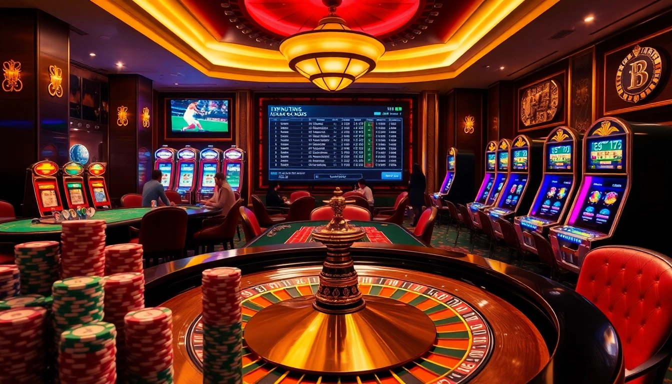 Engaging players with excitement at Typhu88 casino, featuring roulette, poker chips, and vibrant slot machines.