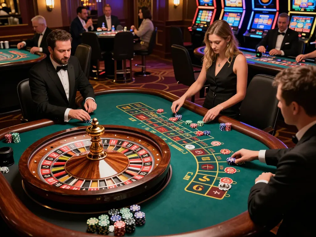 Experience the excitement of vin777 with players at a roulette table, vibrant atmosphere.