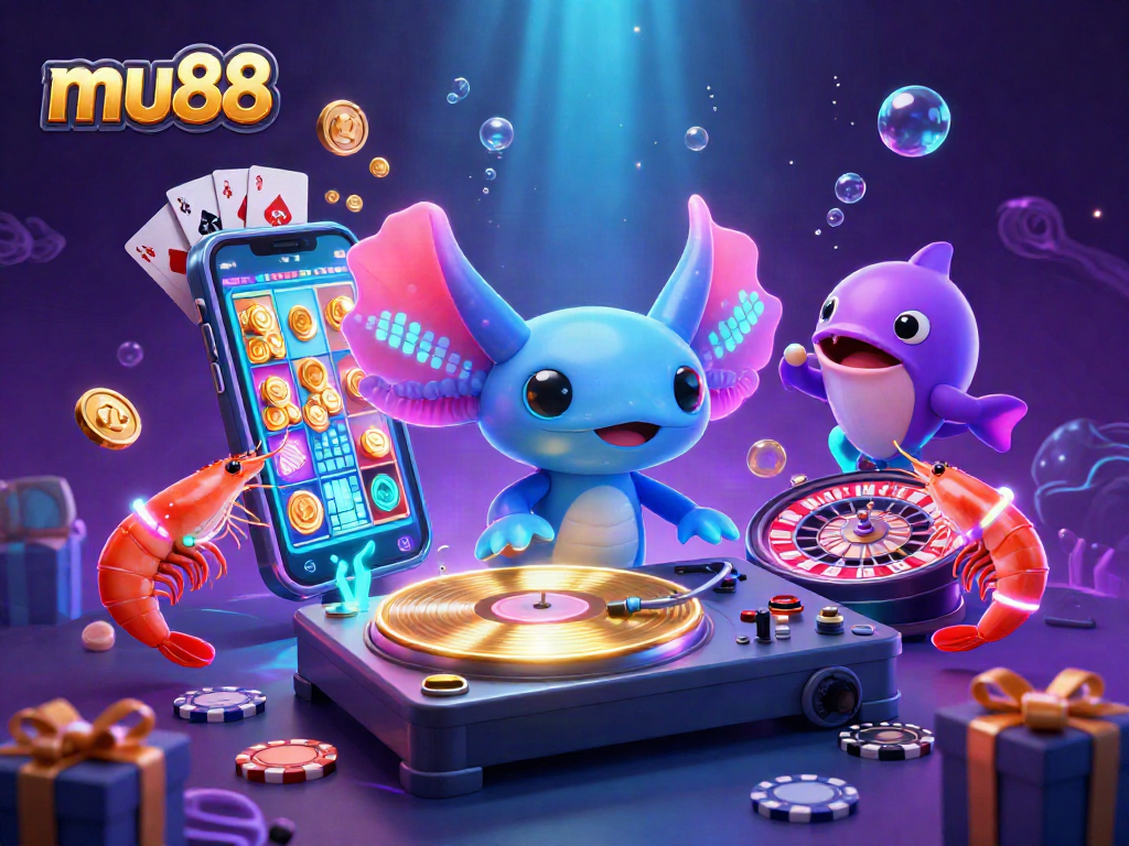 Spin reels and win with mu88's vibrant casino scene featuring dynamic underwater characters.