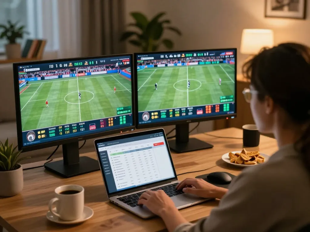 Engaging online sports betting activity at home with dual screens showing live odds and events for 2026 on https://tx88at.com/.