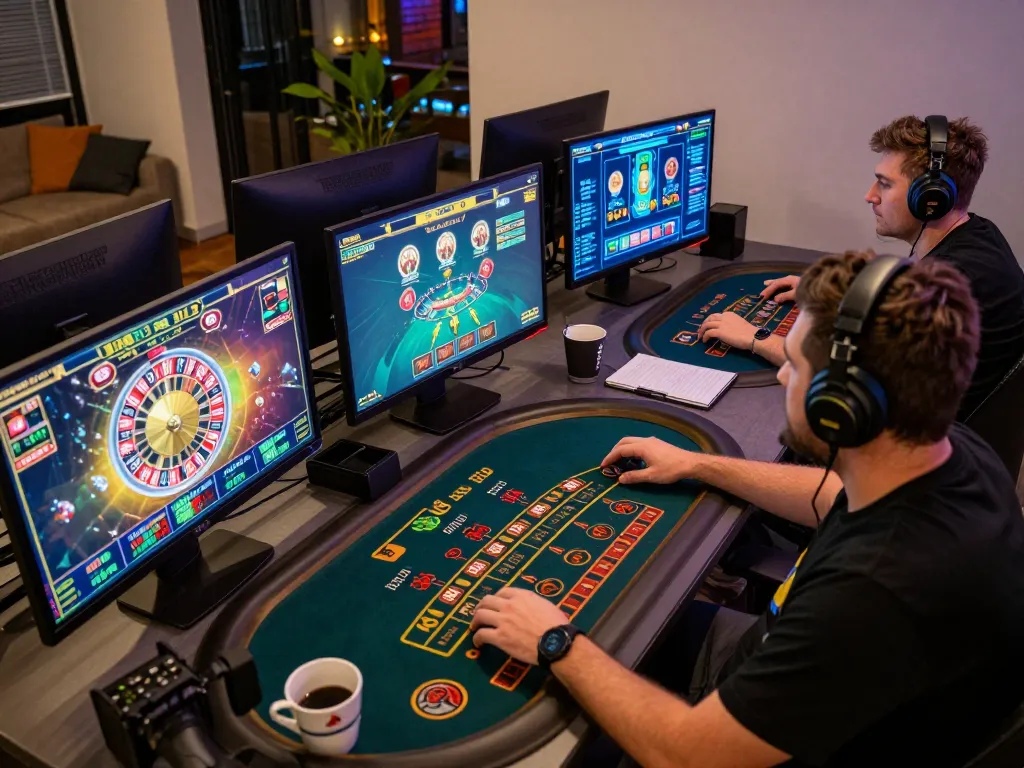 Engaged gamer enjoying casino games online at home using vuabet88i, showcasing vibrant game displays and strategic gameplay elements.