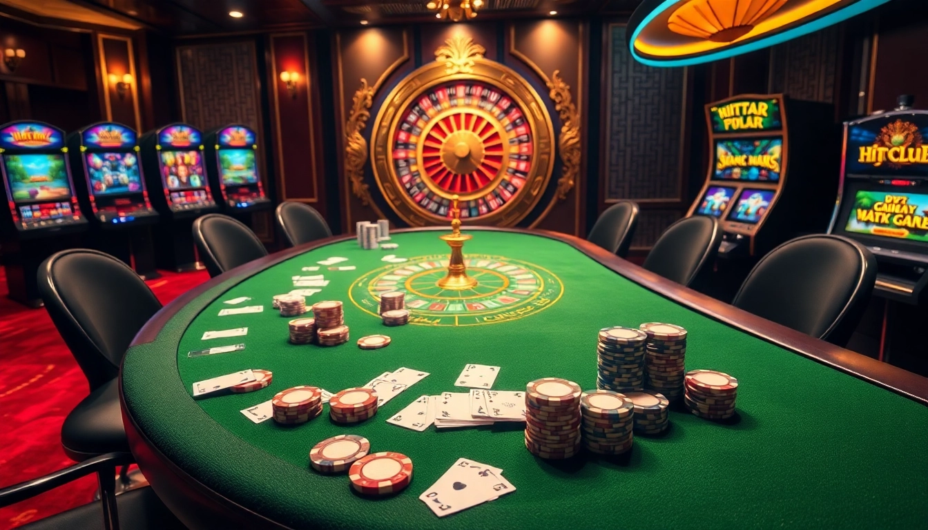Experience high-stakes excitement at HITCLUB's luxurious poker table surrounded by vibrant slots.
