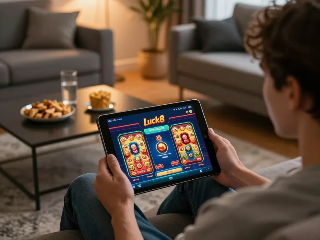 Player engaging with the Luck8 casino app in a relaxing living room setting, showcasing online gaming experience.