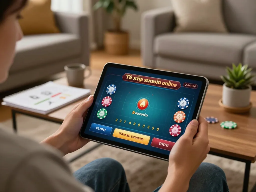 Tài xỉu sunwin online gameplay on tablet in a cozy home setting.