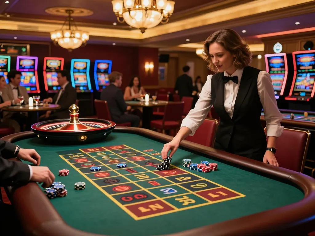 Players at iwin club engaging at roulette table with croupier spinning wheel, vibrant casino atmosphere.