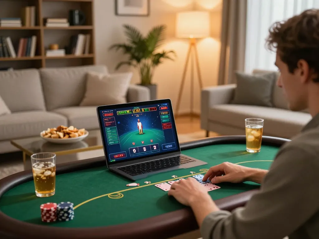Engaging gameplay experience at KP88 through online poker on a laptop in a cozy setting.