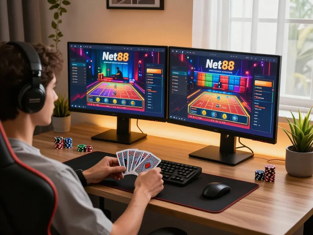 Player strategizing with Net88 poker chips during online gaming session