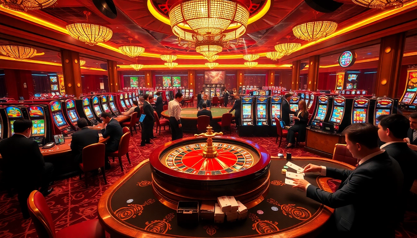 Players enjoying a luxurious gaming experience at nhà cái MM94 casino with poker tables and slot machines.