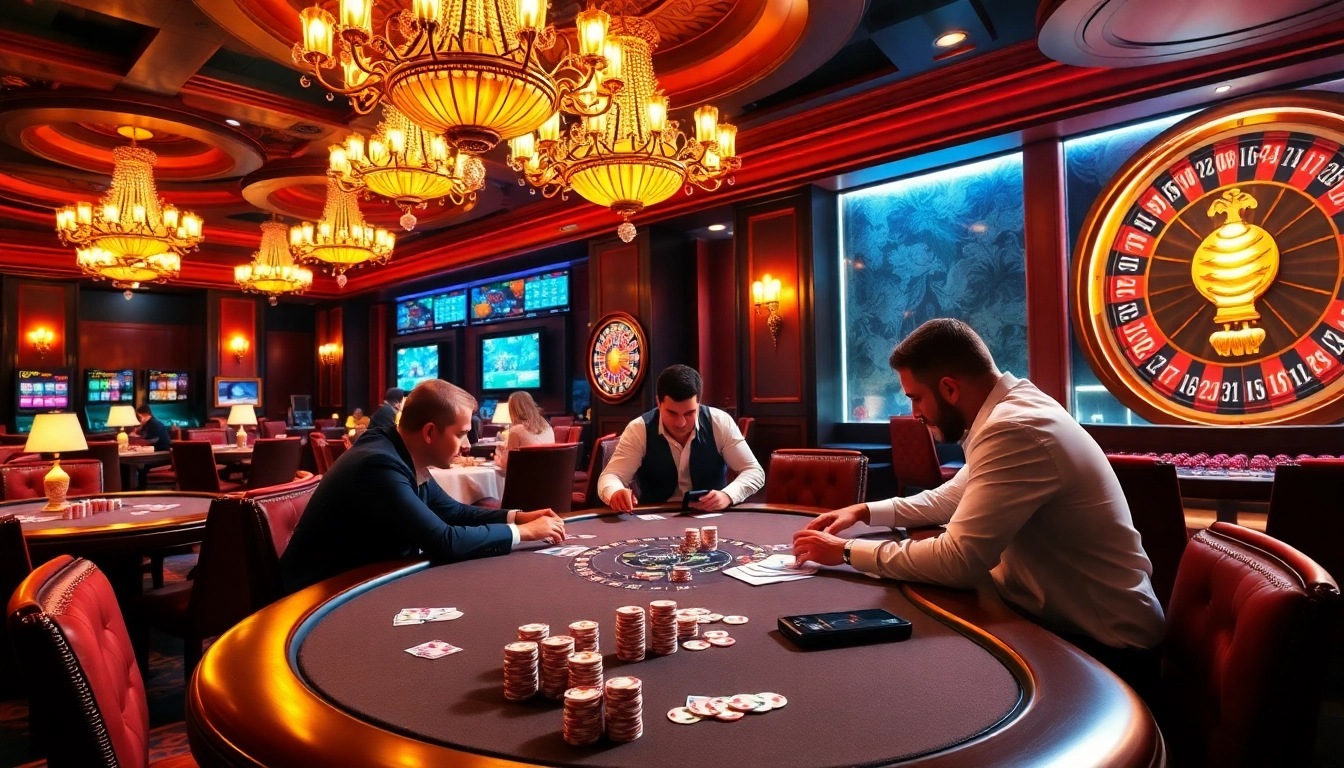 Players enjoy a thrilling poker game at a luxurious casino table with nettruyen. elements throughout.