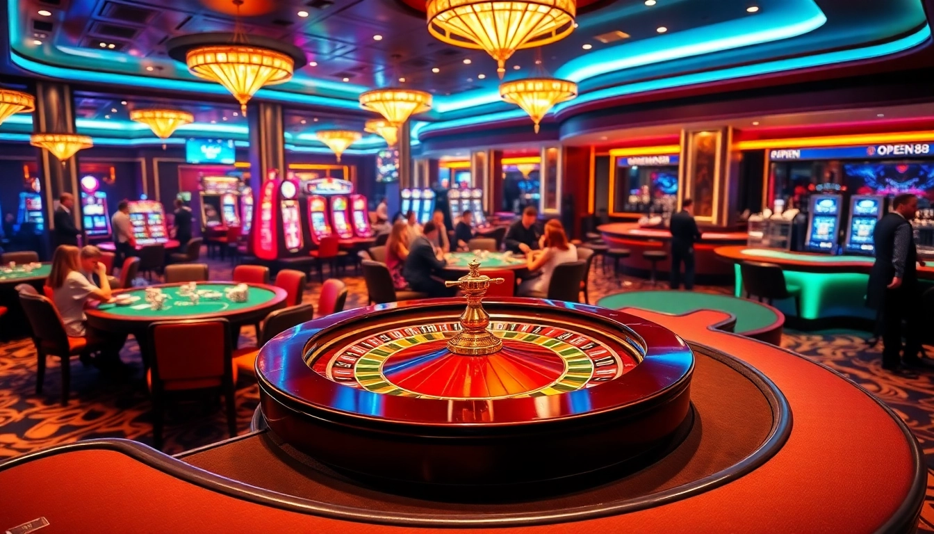 Experience the thrill of OPEN88 with vibrant casino gaming tables featuring cards and chips.