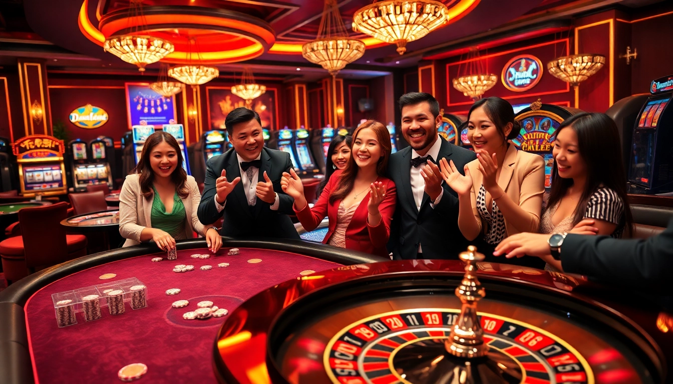 An engaging casino scene showcasing excitement at nhà cái nk88 with vibrant poker tables and roulette wheels.