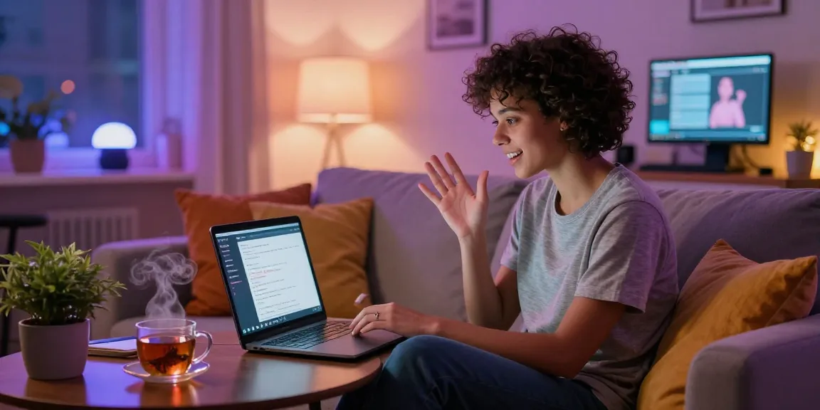 Engaging in a sex chat AI conversation in a cozy home office with a vibrant atmosphere.