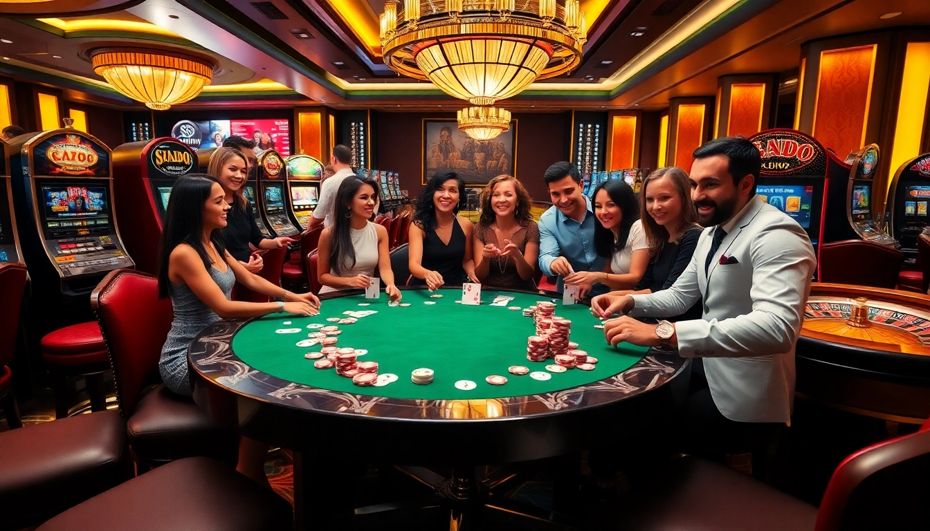Players enjoying high-stakes gambling at SODO Casino, surrounded by vibrant slot machines and elegant decor.