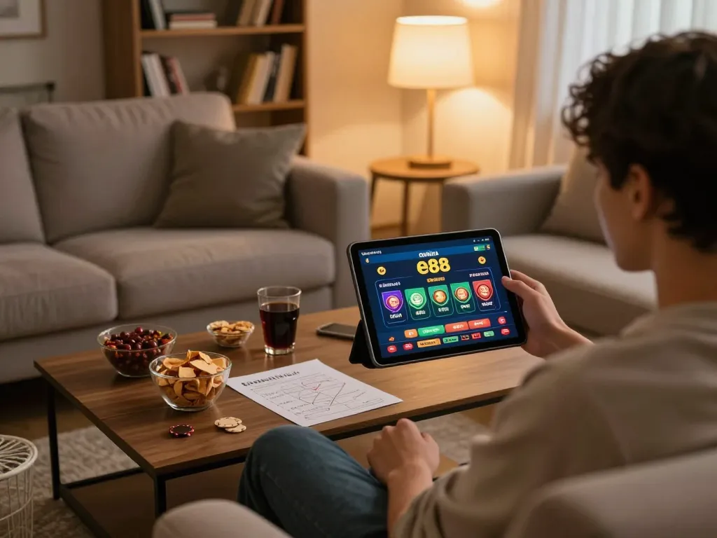 Engaging with ee88 online casino on tablet in cozy living room, promoting responsible gaming.