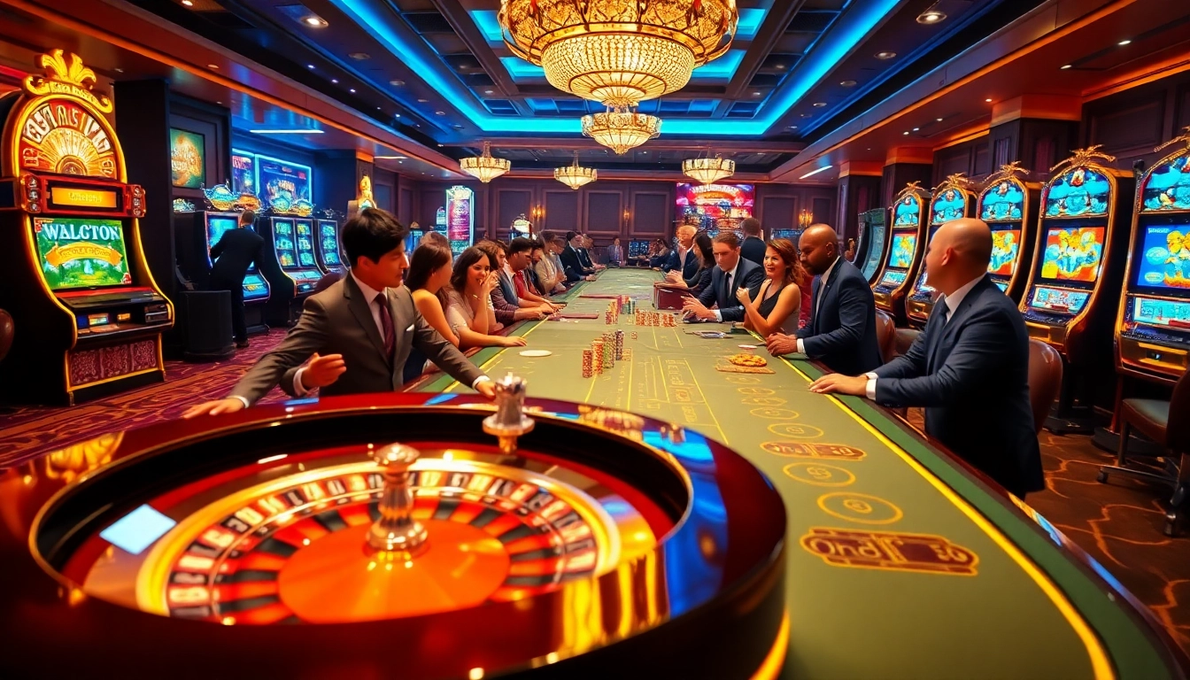 A dynamic casino scene showcasing players engaged with games at 65A, featuring roulette tables and slot machines.