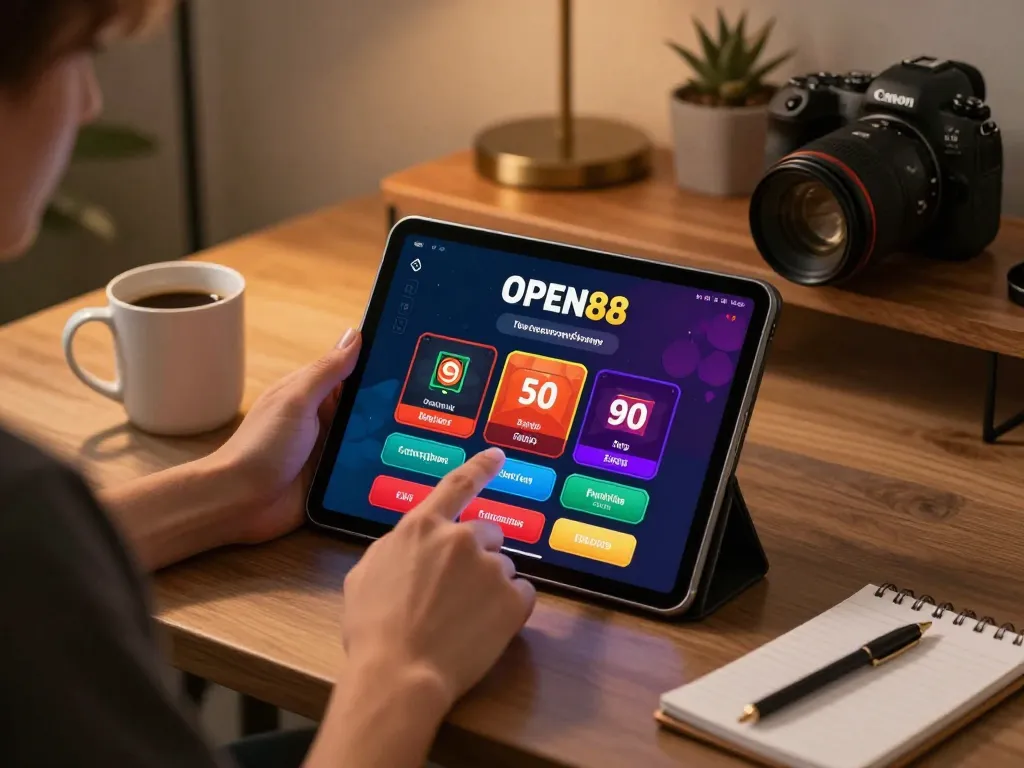 Play the OPEN88 casino app on tablet in a cozy home office setting, promoting responsible gaming.