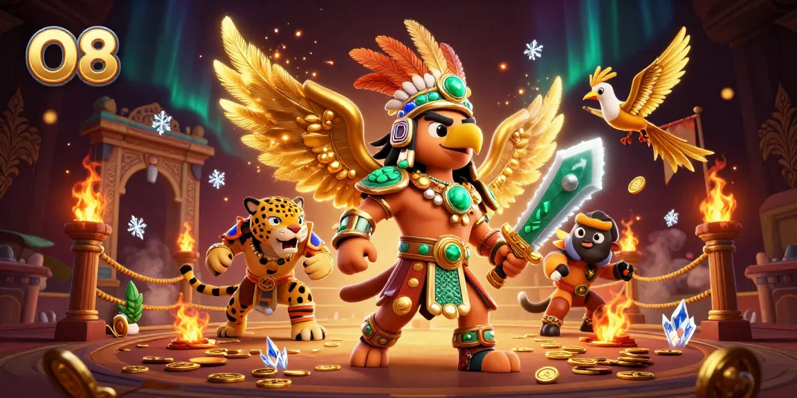 Experience thrilling action at O8's vibrant casino with Aztec warriors, gold coins, and dynamic game elements.