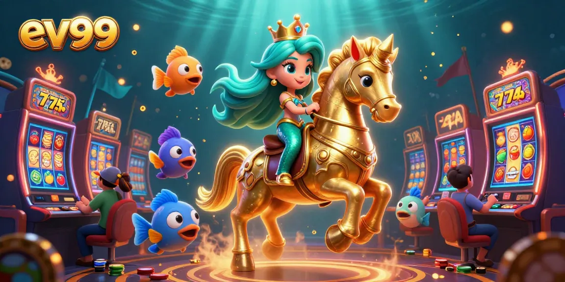 Play thrilling slot games at ev99 with vibrant characters and a lively casino atmosphere.