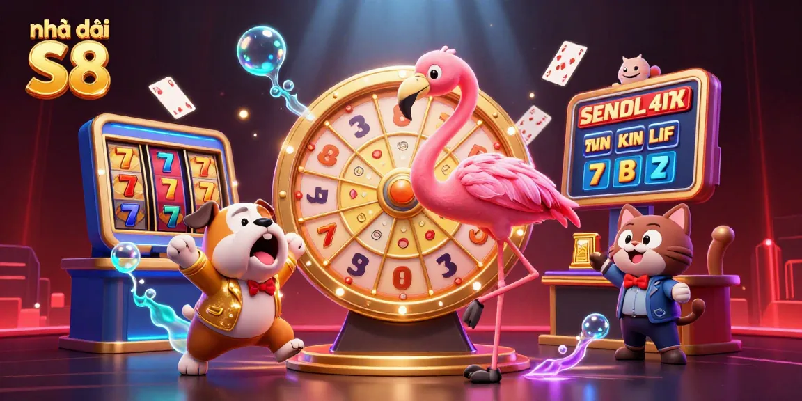 Experience thrilling action at Nhà cái S8 as game show host spins the prize wheel amid vibrant casino elements.