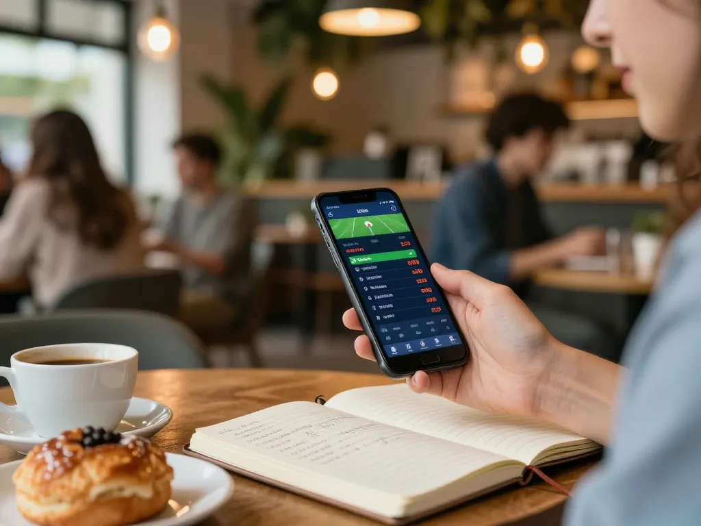 Engaging in mobile sports betting with Link truy cập lu88 at a cozy cafe, enjoying a strategic gaming experience.