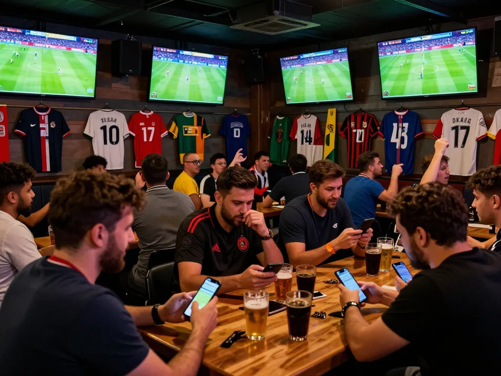 Excited fans engaging in soccerbetting at a sports bar, placing bets on live games.