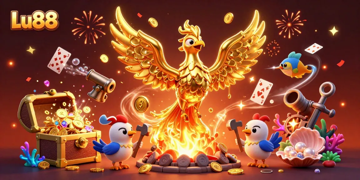 Experience the thrilling Lu88 casino with golden phoenix and vibrant casino elements.