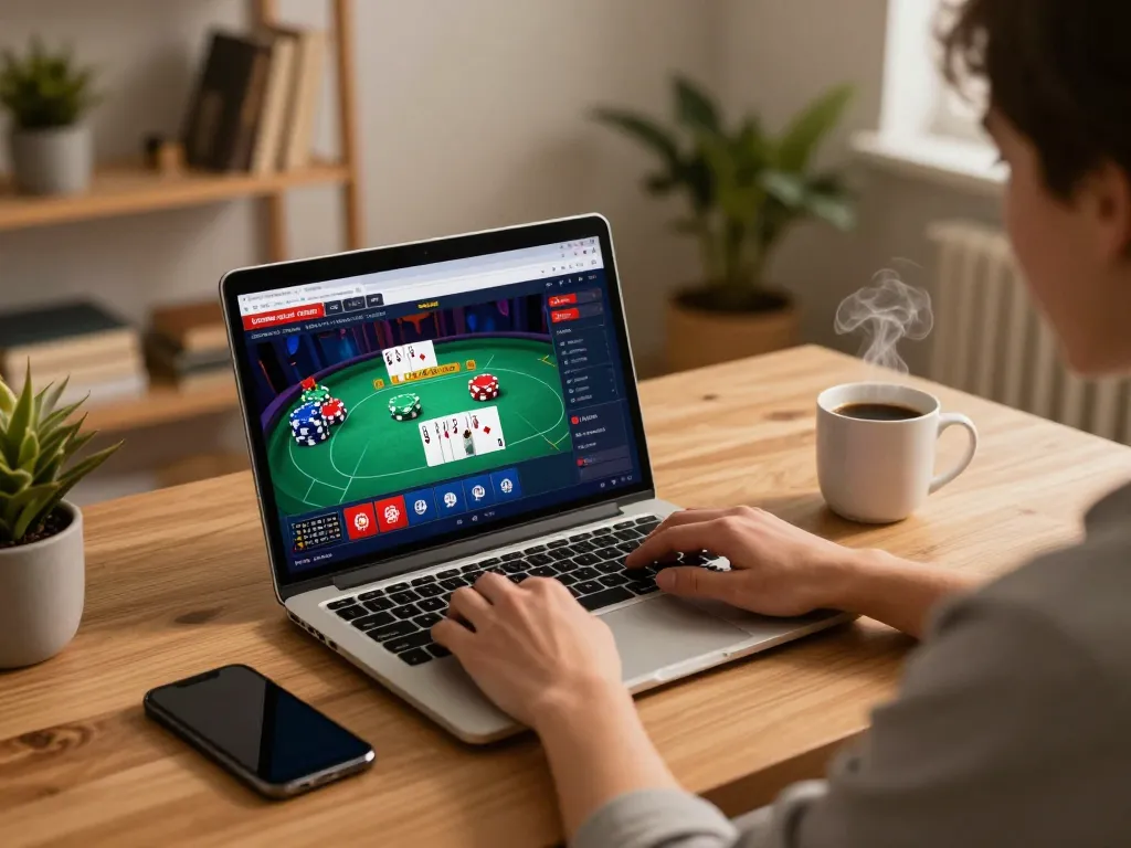 Engaging online gambling scene featuring nhacaiuytinn with a player using a laptop for poker.