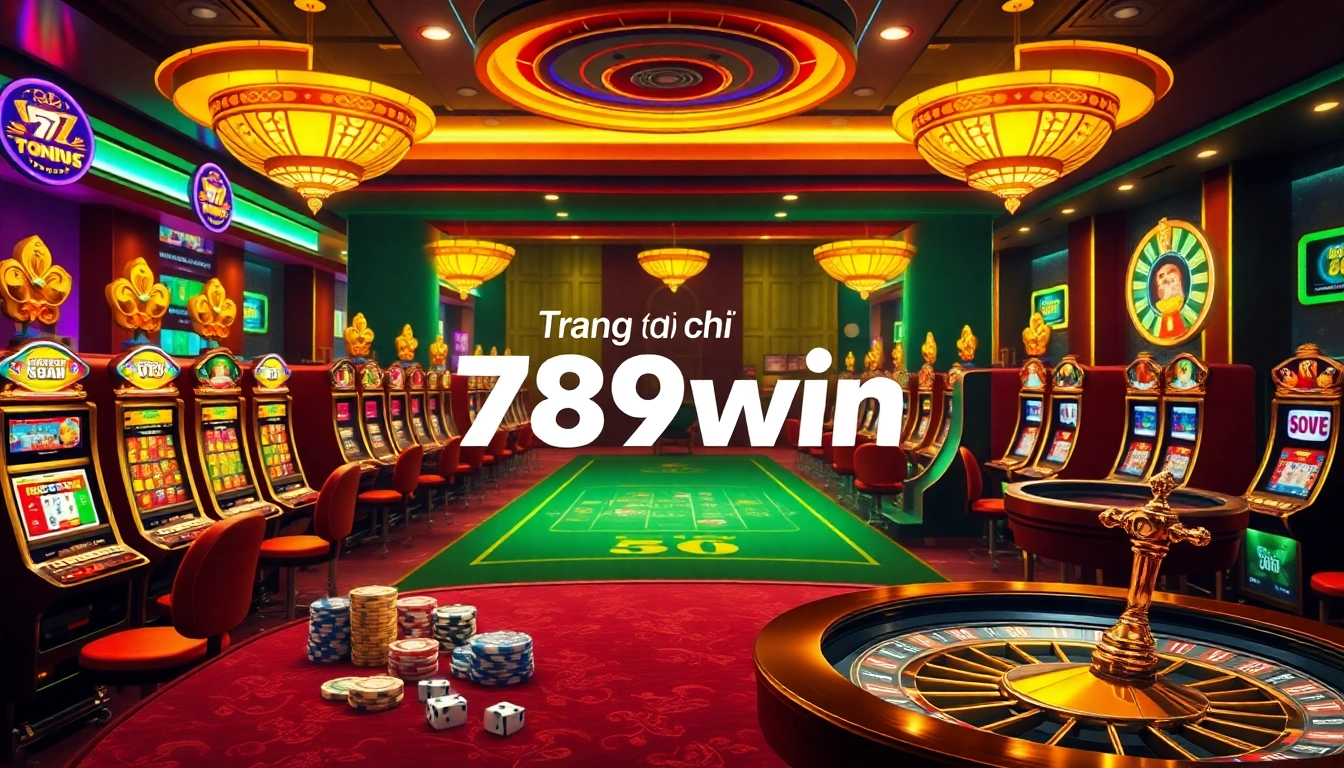 A vibrant casino scene featuring 'Trang chủ 789win' logo, colorful slot machines, and exciting game tables.