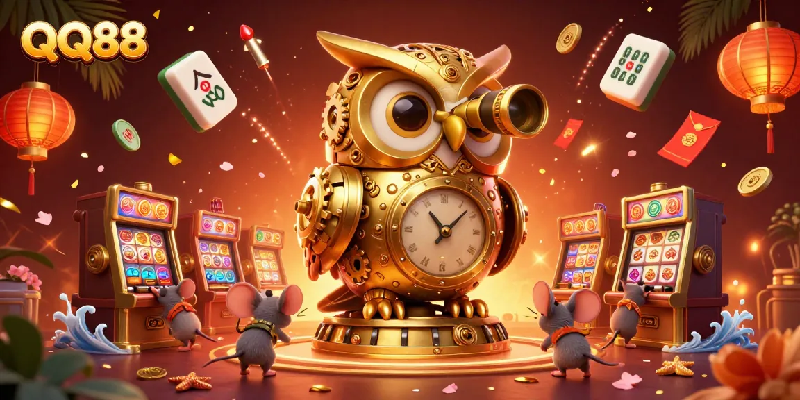 Engage in thrilling gameplay at QQ88, where a whimsical golden owl oversees a vibrant casino scene with classic symbols and festive elements.