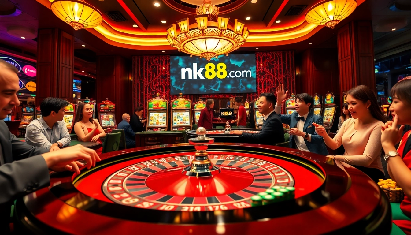 Players engaging in an exciting game of roulette at nk88 com casino, showcasing colorful chips and a vibrant gaming atmosphere.
