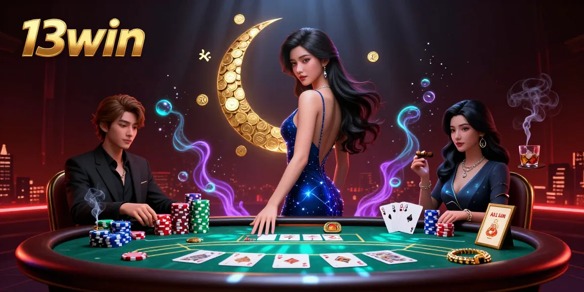 Play dynamic poker at 13win with a stunning casino scene featuring an elegant woman and vibrant game elements.