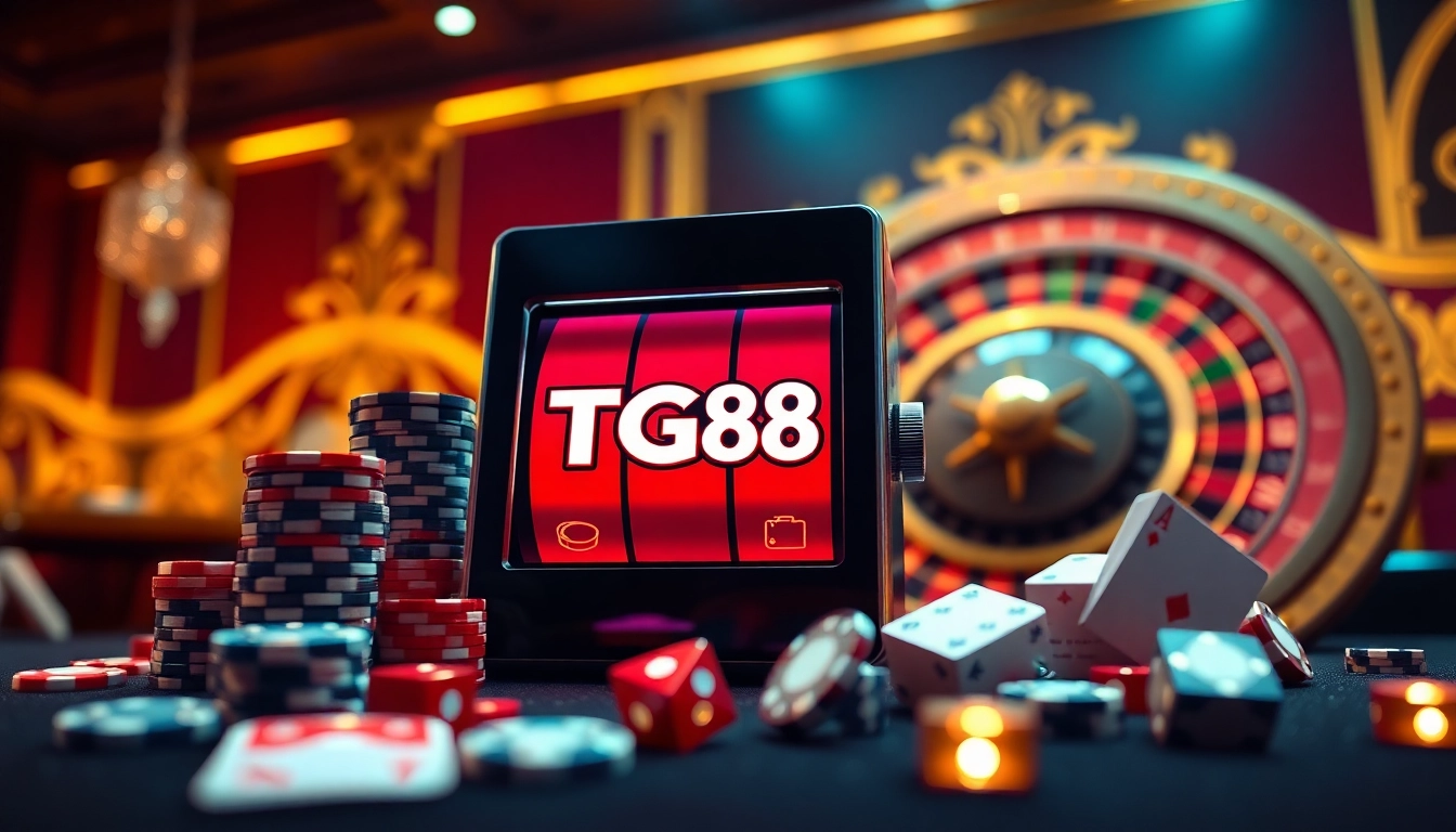 Spin the TG88 slot machine surrounded by vibrant poker chips and dice in an elegant casino setting.