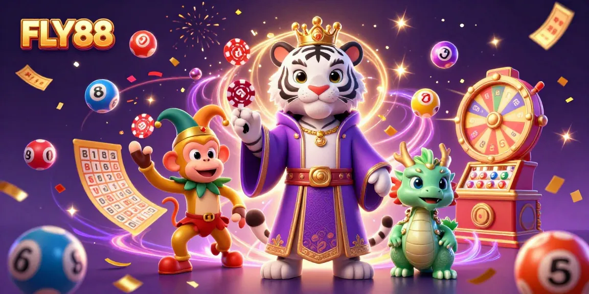 FLY88 showcases a vibrant casino scene with a majestic tiger, a jester monkey, and a jade dragon amidst dynamic gaming elements.