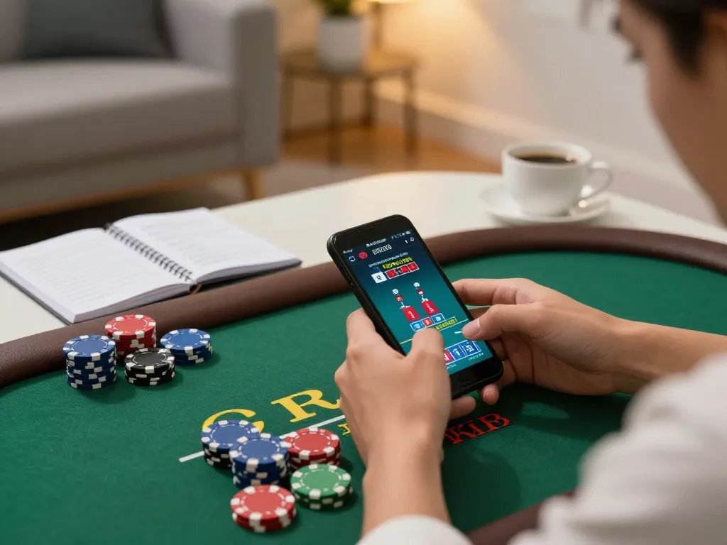 Play blackjack on fly888 mobile app, engaged player with chips in cozy home setup