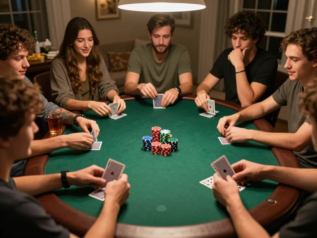 Engaging with friends during a poker game while discussing Đăng ký Rik88 strategies and tactics