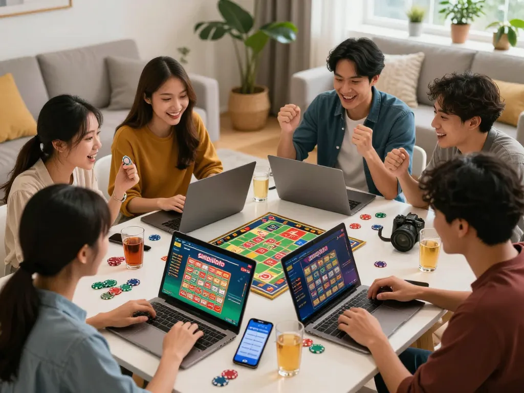 Friends enjoying a lively online lottery night using the link sungaitoto for engaging gameplay and strategies.
